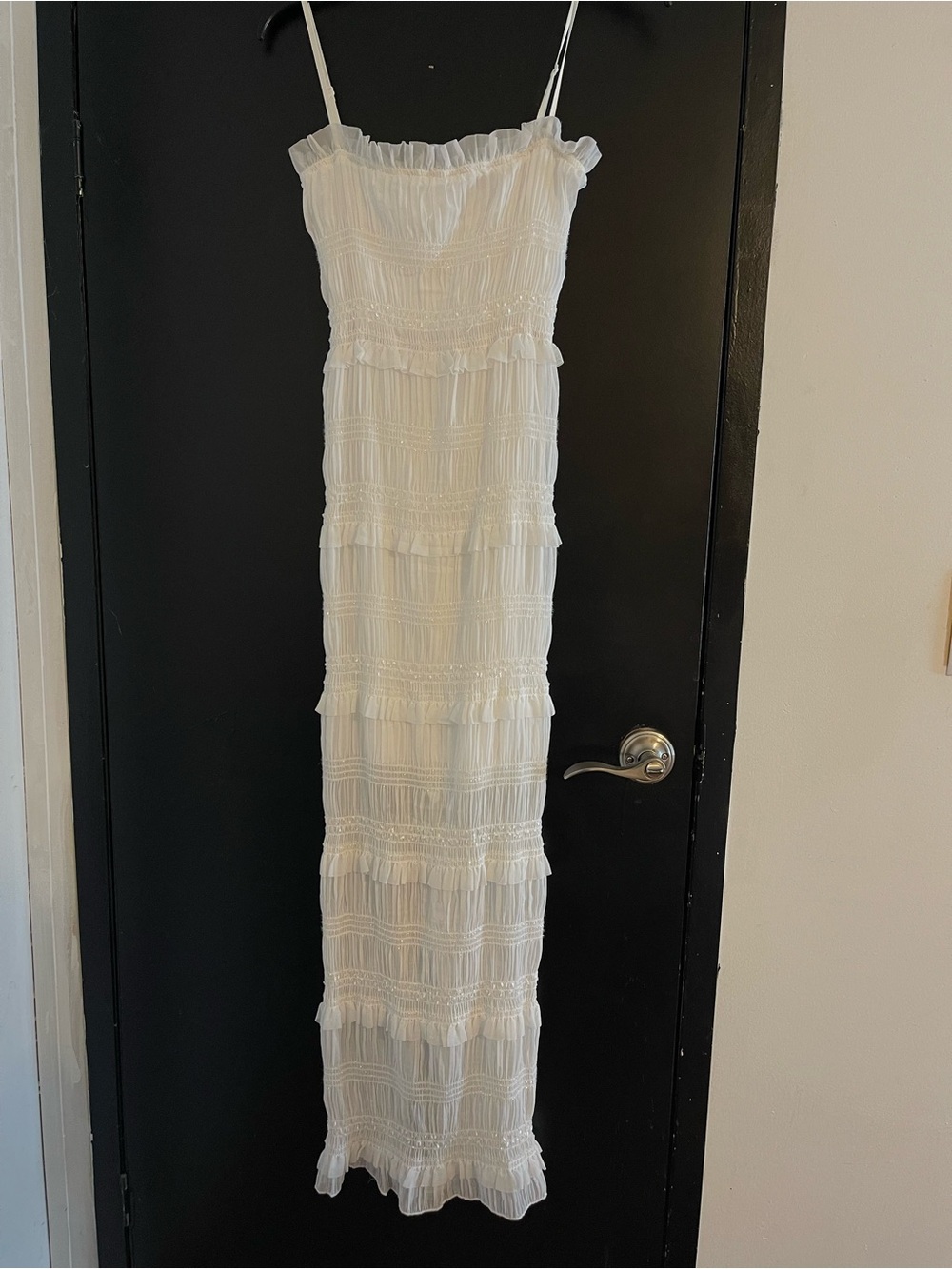 Commense White Bodycon Tiered Sparkle Maxi Dress with Spaghetti Straps